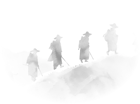 お遍路をする様子の水墨画