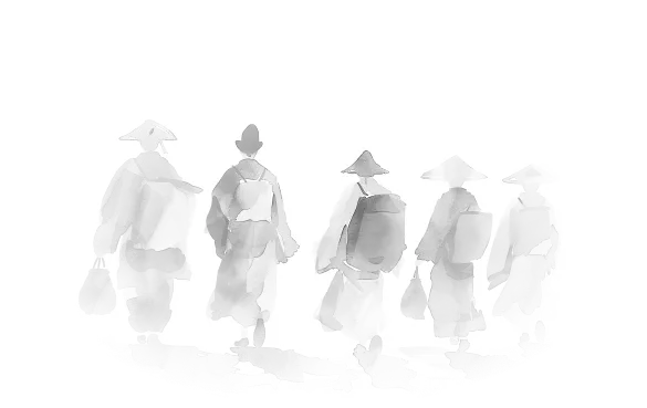 お遍路をする様子の水墨画